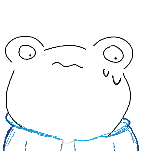 a crudely-drawn doodle of a frog in a blue sweatshirt. the frog is nervously sweating / anguished.